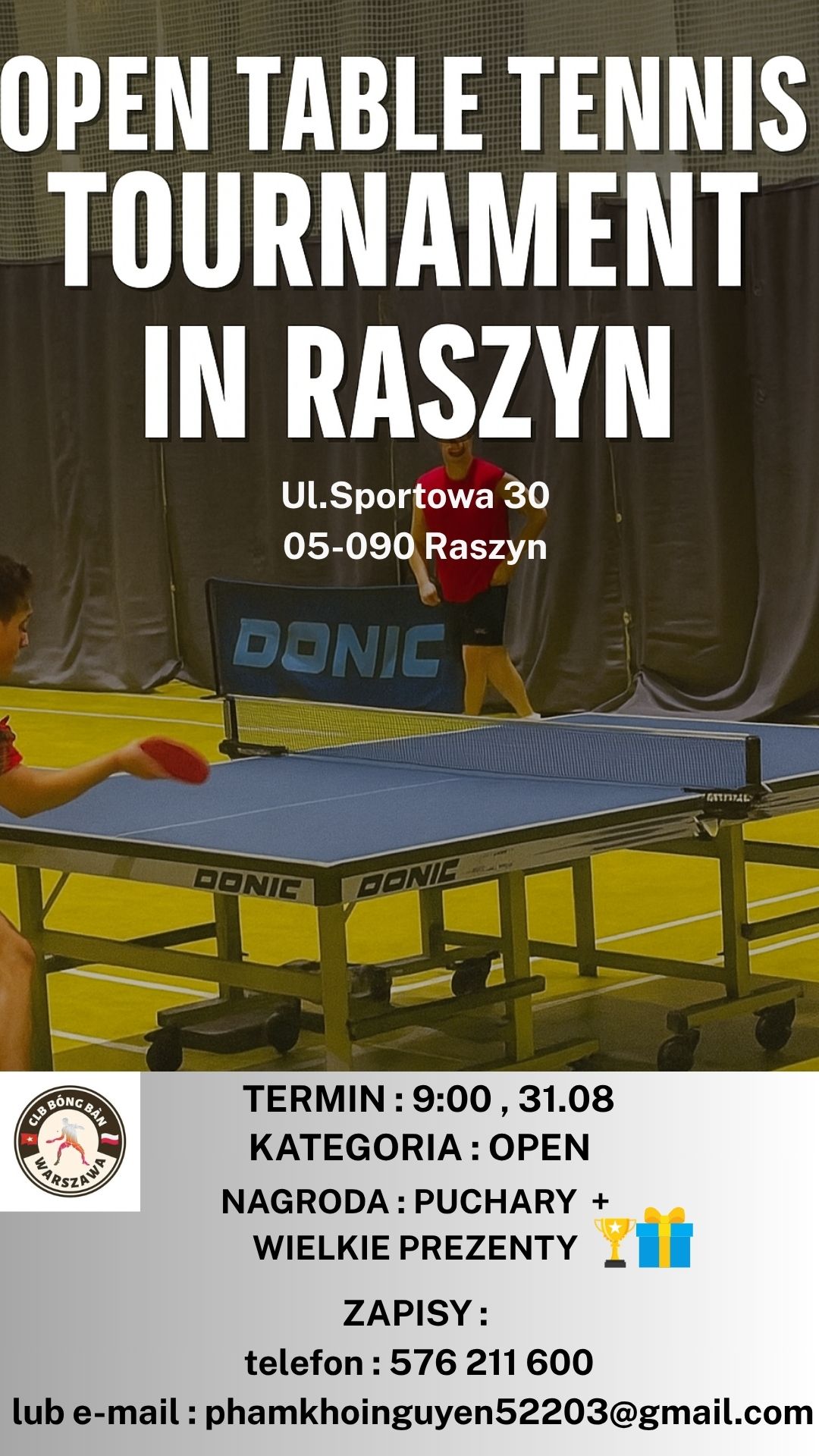 Plakat turnieju Mistrzostwa Raszyna w Tenisie Stołowym (31 sierpnia 2025)