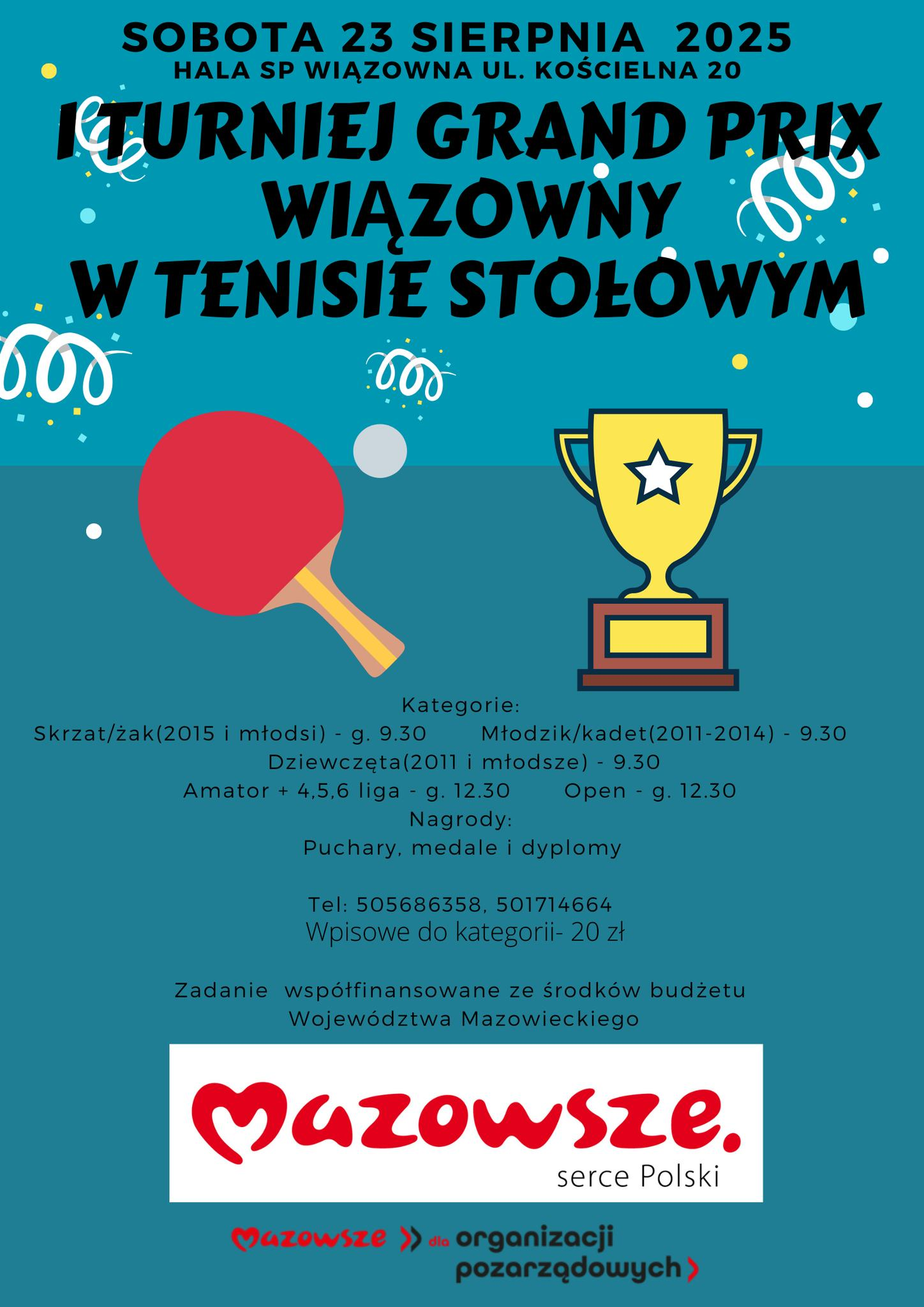Plakat turnieju I Turniej Grand Prix Wiązowny w Tenisie Stołowym 2025/2026 (23 sierpnia 2025)