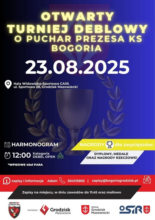 Plakat turnieju Otwarty Turniej Deblowy o Puchar Prezesa KS Bogoria (23 sierpnia 2025)