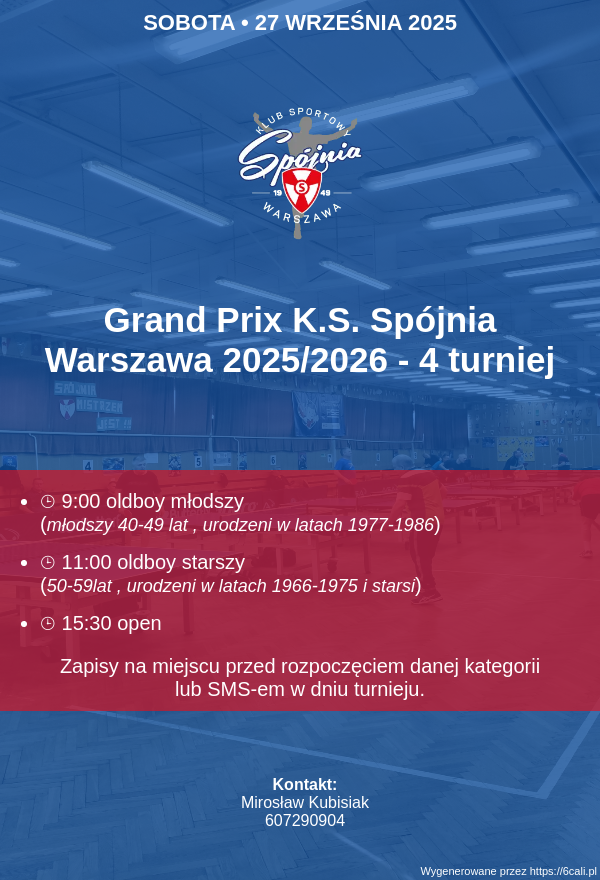 Plakat turnieju Grand Prix K.S. Spójnia Warszawa 2025/2026 - 4 turniej