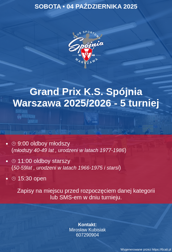 Plakat turnieju Grand Prix K.S. Spójnia Warszawa 2025/2026 - 5 turniej