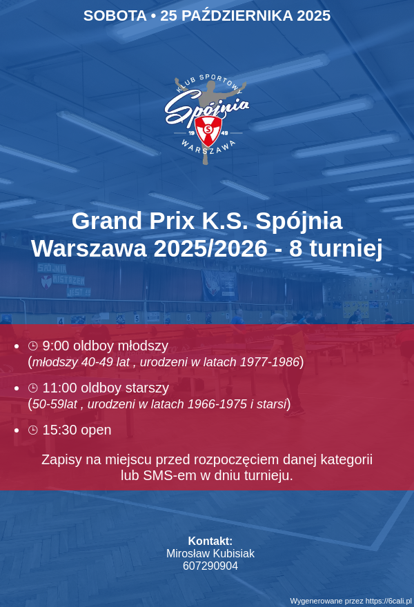Plakat turnieju Grand Prix K.S. Spójnia Warszawa 2025/2026 - 8 turniej