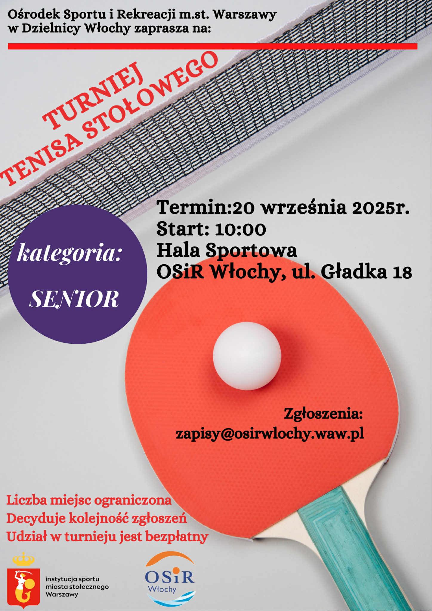 Plakat turnieju Turniej Tenisa Stołowego w OSiR Włochy (20 września 2025)