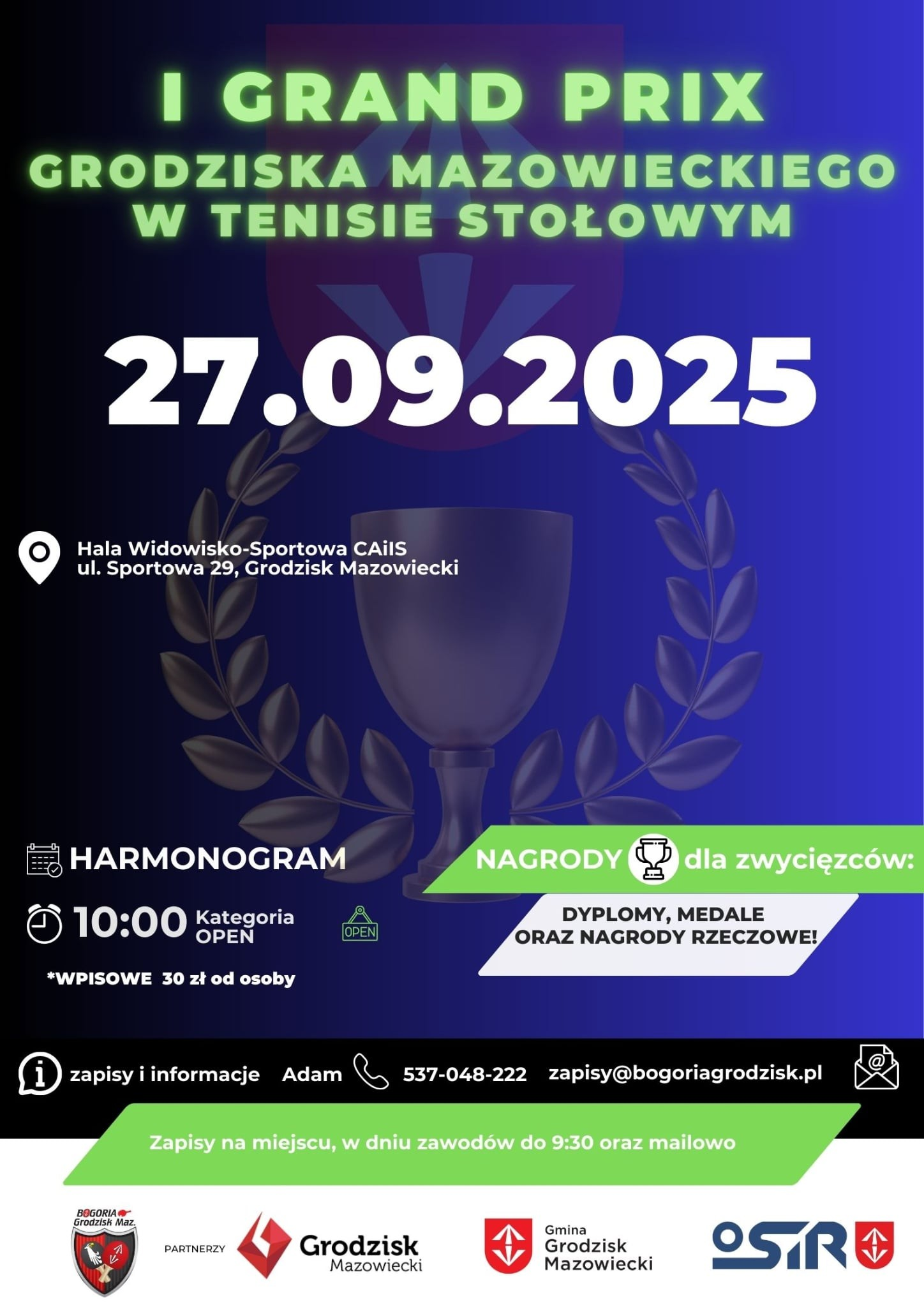 Plakat turnieju GRAND PRIX Grodziska Mazowieckiego w tenisie stołowym (27 września 2025)