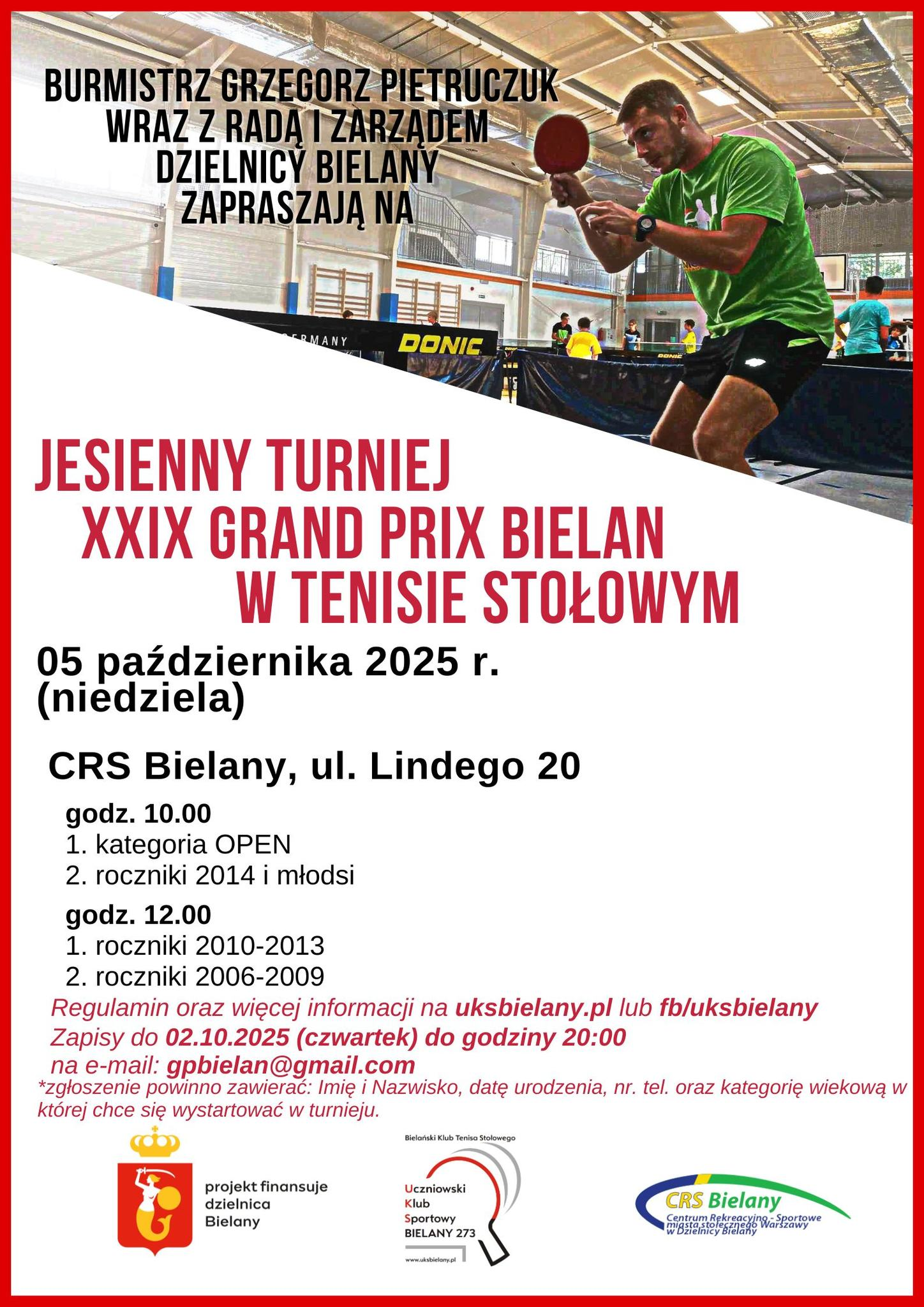 Plakat turnieju Jesienny Turniej XXIX Grand Prix Bielan w Tenisie Stołowym (05 października 2025)