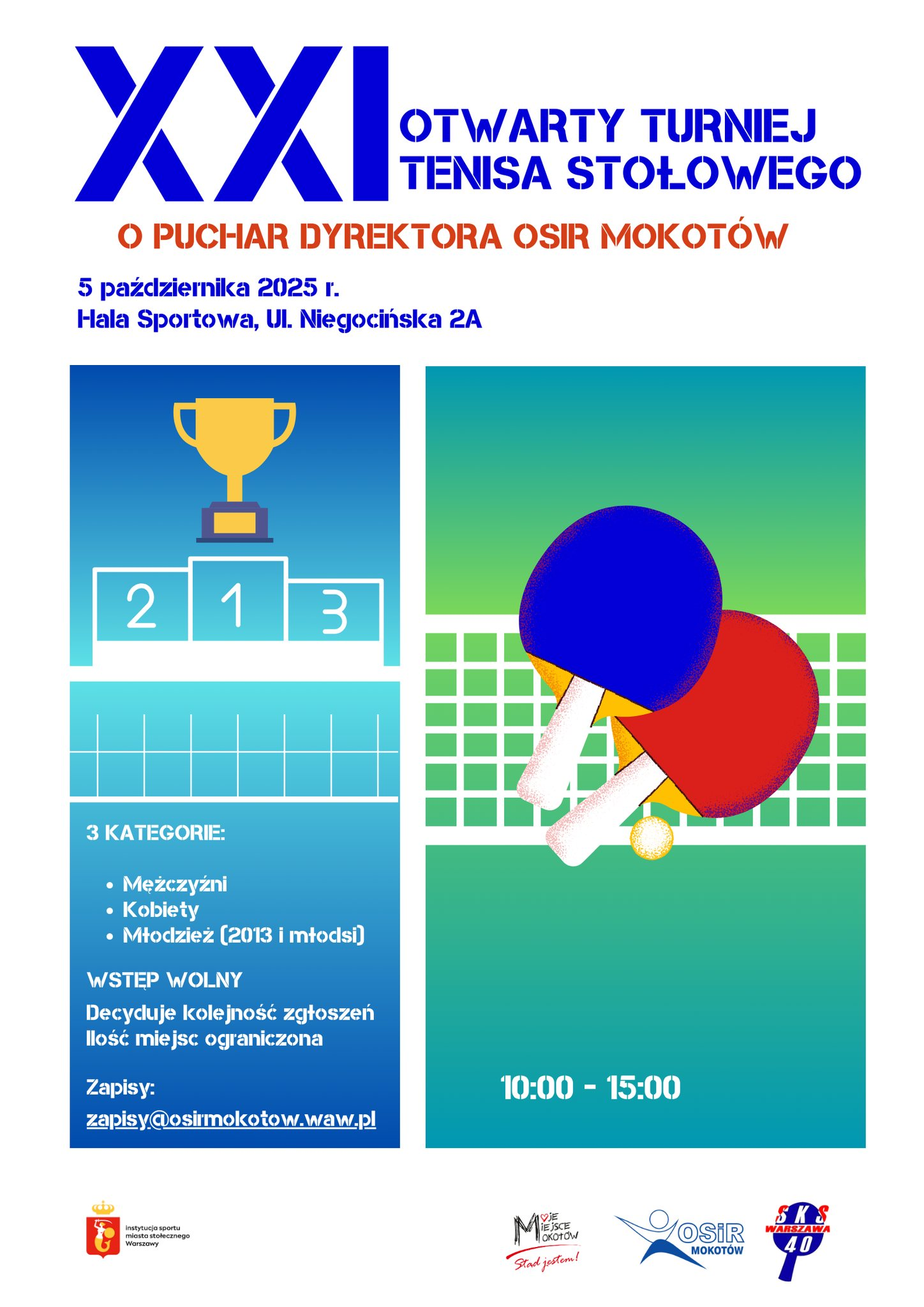 Plakat turnieju XXI Otwarty Turniej Tenisa Stołowego o Puchar Dyrektora OSiR Mokotów (5 października 2025)