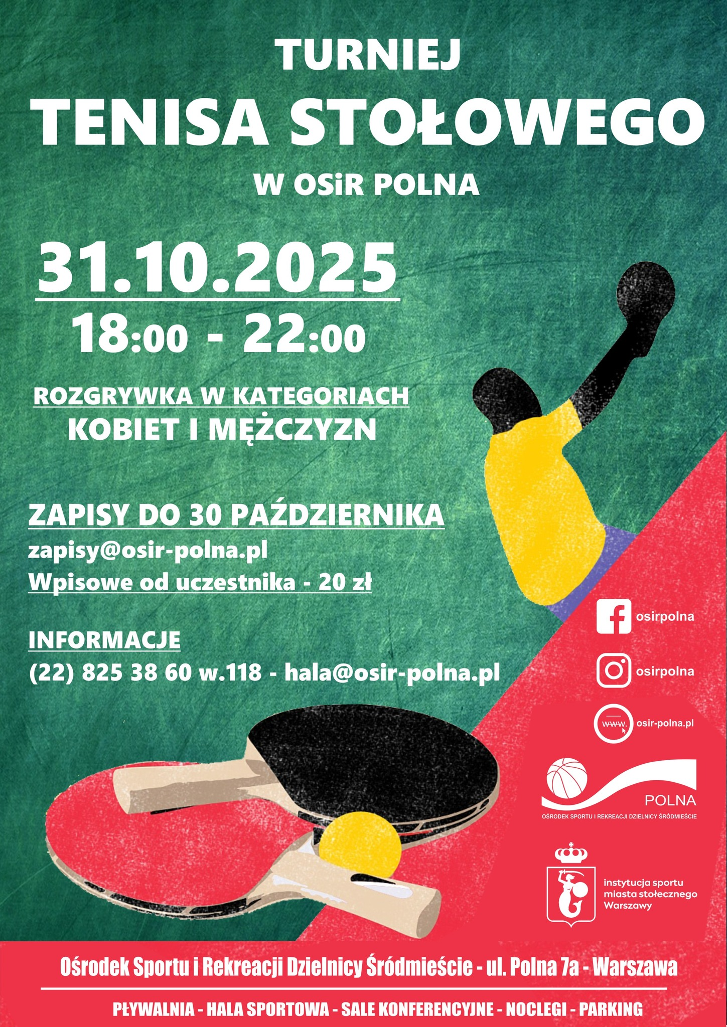 Plakat turnieju Turniej Tenisa Stołowego w OSiR Polna (31 października 2025)