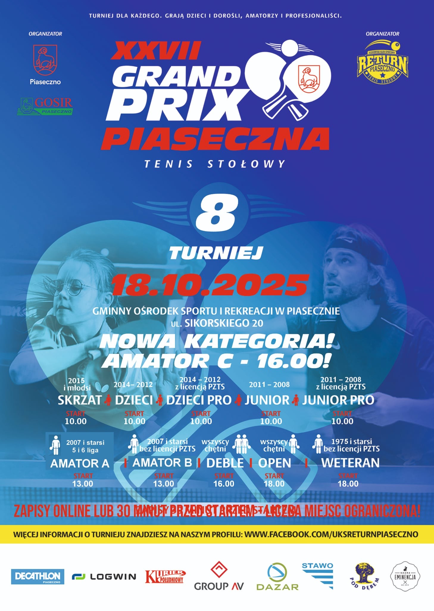 Plakat turnieju XXVII Grand Prix Piaseczna w tenisie stołowym - 8 termin (18 października 2026)