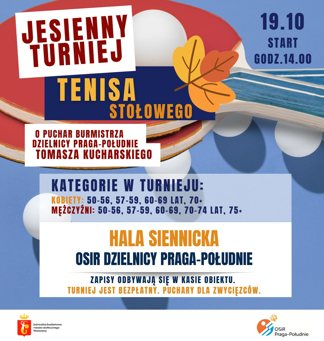 Plakat turnieju Jesienny Turniej Tenisa Stołowego o Puchar Burmistrza Dzielnicy Praga-Południe (19 października 2025)