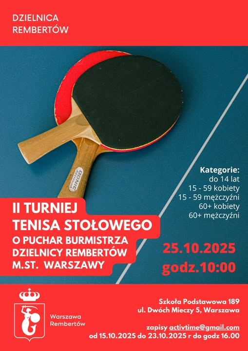 Plakat turnieju Turniej Tenisa Stołowego o Puchar Burmistrza Dzielnicy Rembertów (25 października 2025)