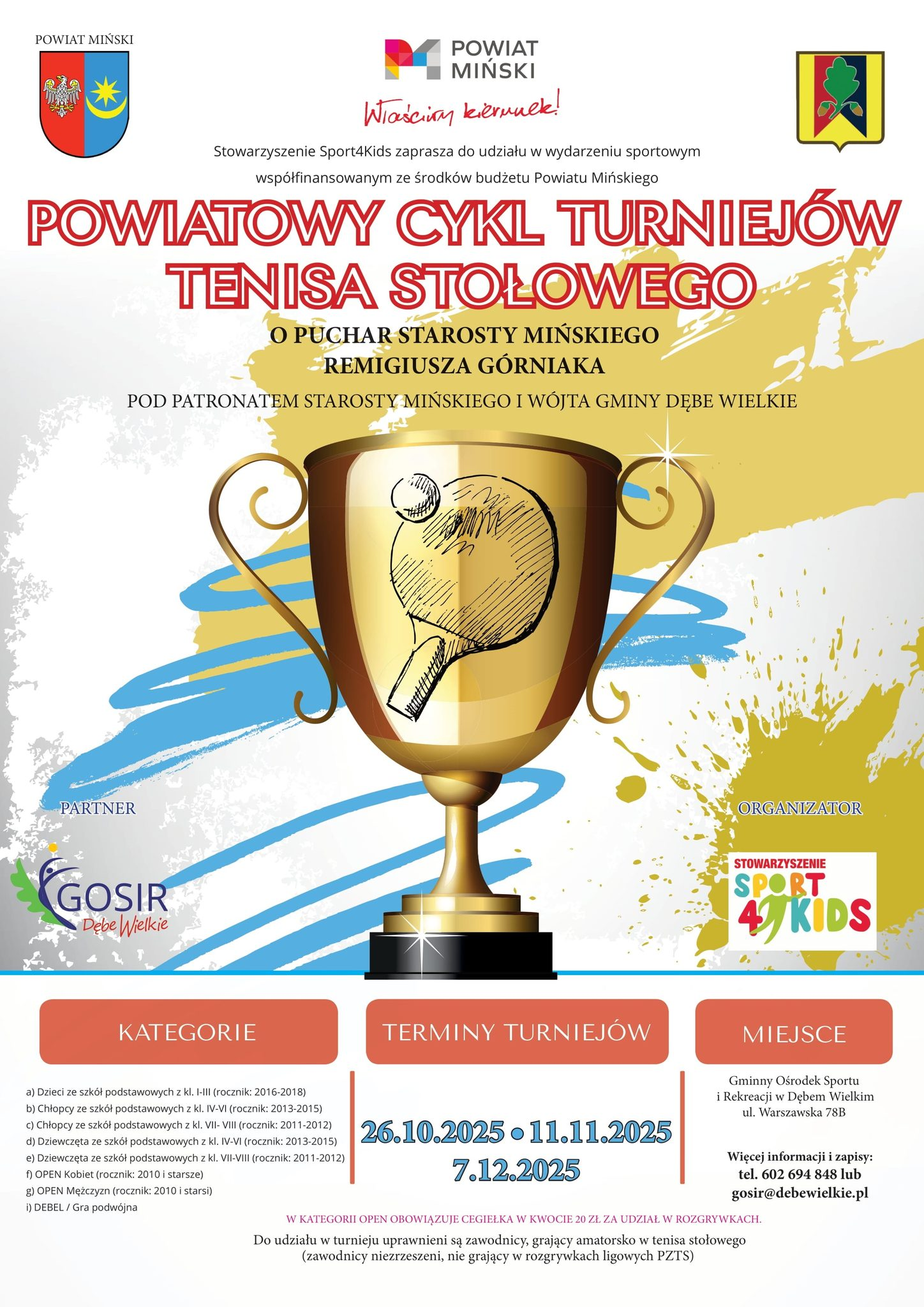 Plakat turnieju Powiatowy Cykl Turniejów Tenisa Stołowego o Puchar Starosty Mińskiego (26 października 2025)