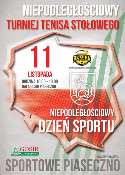 Plakat turnieju Niepodległościowy Turniej Tenisa Stołowego (11 listopada 2025)