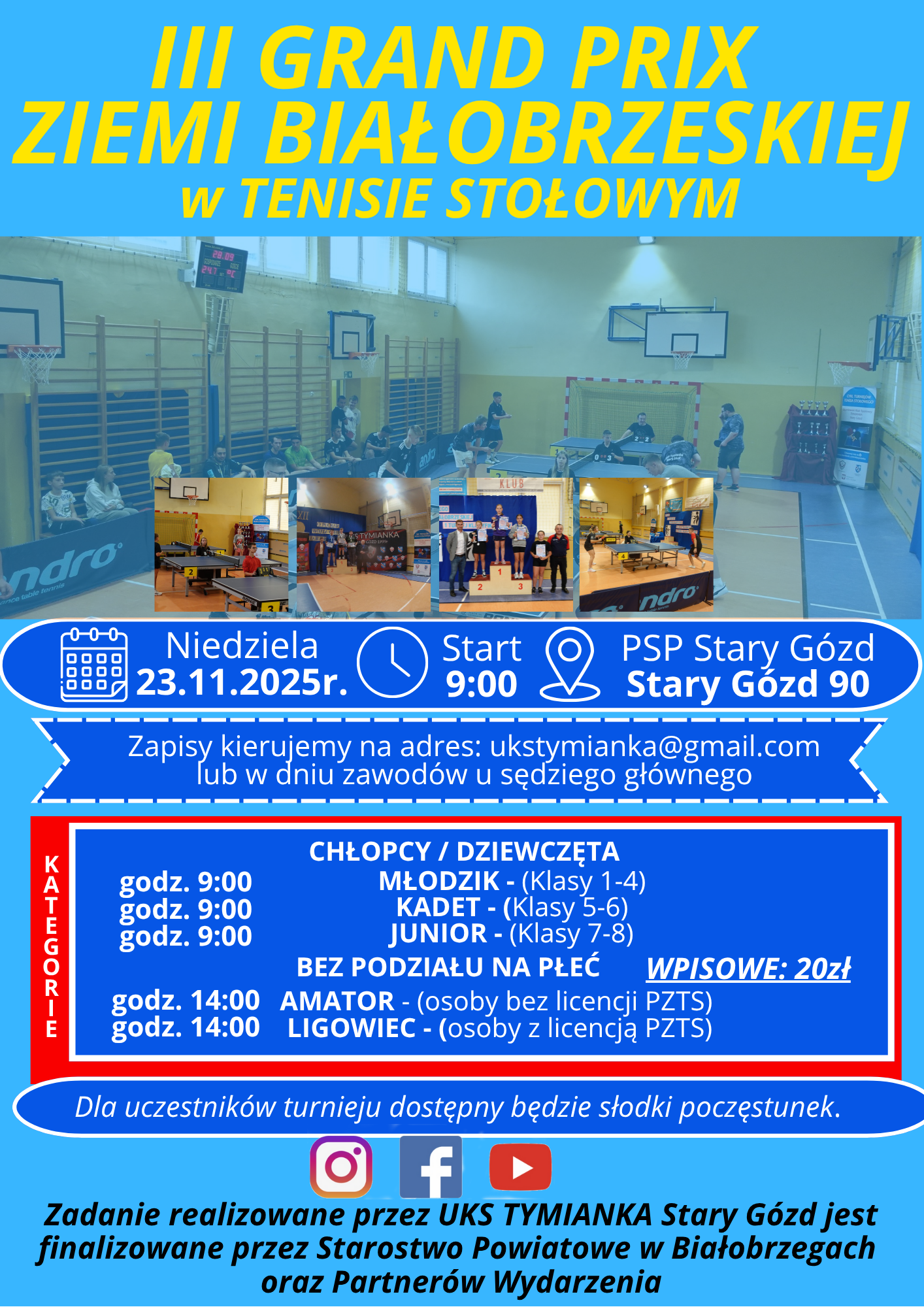 Plakat turnieju III GRAND PRIX ZIEMI BIAŁOBRZESKIEJ w TENISIE STOŁOWYM