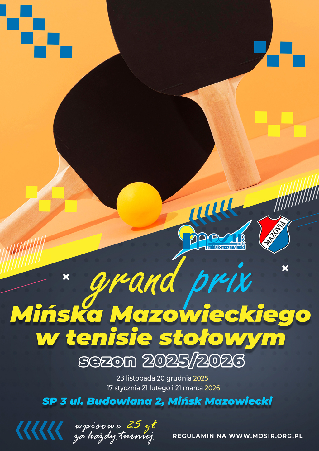 Plakat turnieju GRAND PRIX' 2025/2026 w Tenisie Stołowym - Mińsk Mazowiecki
