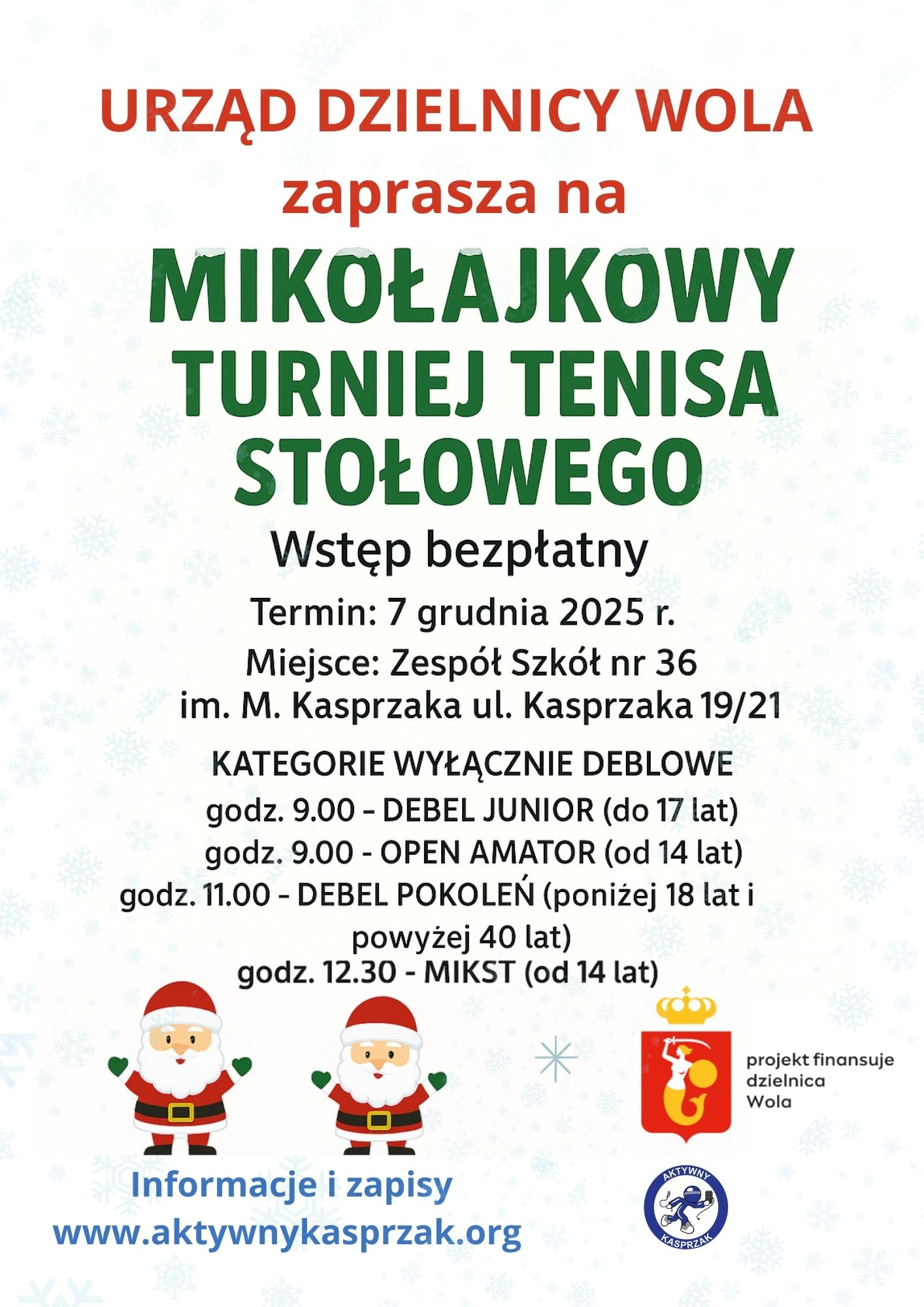 Plakat turnieju Mikołajkowy Turniej Tenisa Stołowego na Woli (7 grudnia 2025)