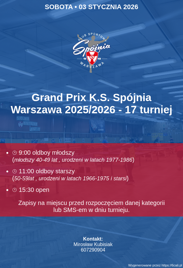 Plakat turnieju Grand Prix K.S. Spójnia Warszawa 2025/2026 - 17 turniej