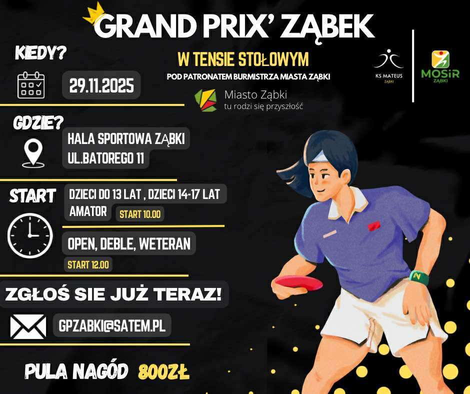 Plakat turnieju GRAND PRIX Ząbek 2025/2026 w Tenisie Stołowym