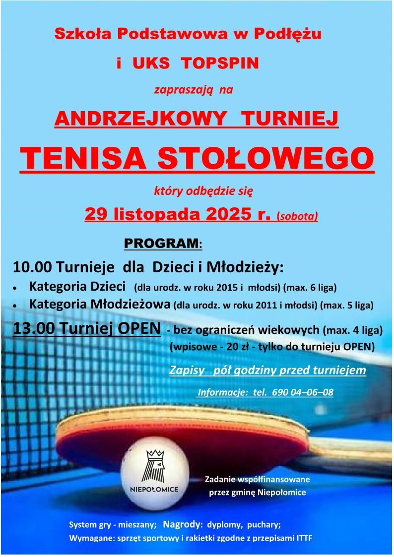 Plakat turnieju Andrzejokwy Turniej Tenisa Stołowego (29 listopada 2025)