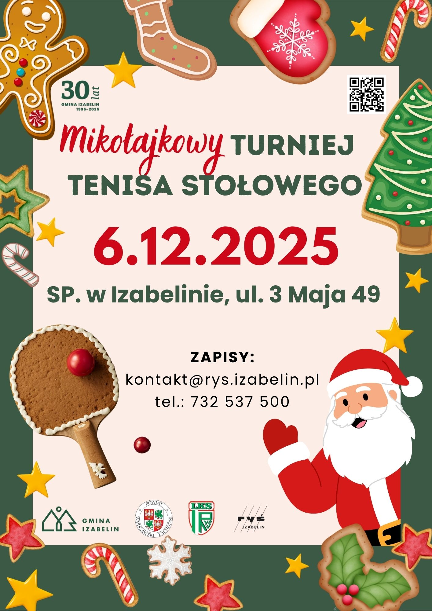 Plakat turnieju 30 lat GMINA IZABELIN Mikolajkowy TURNIEJ TENISA STOŁOWEGO (6 grudnia 2025)