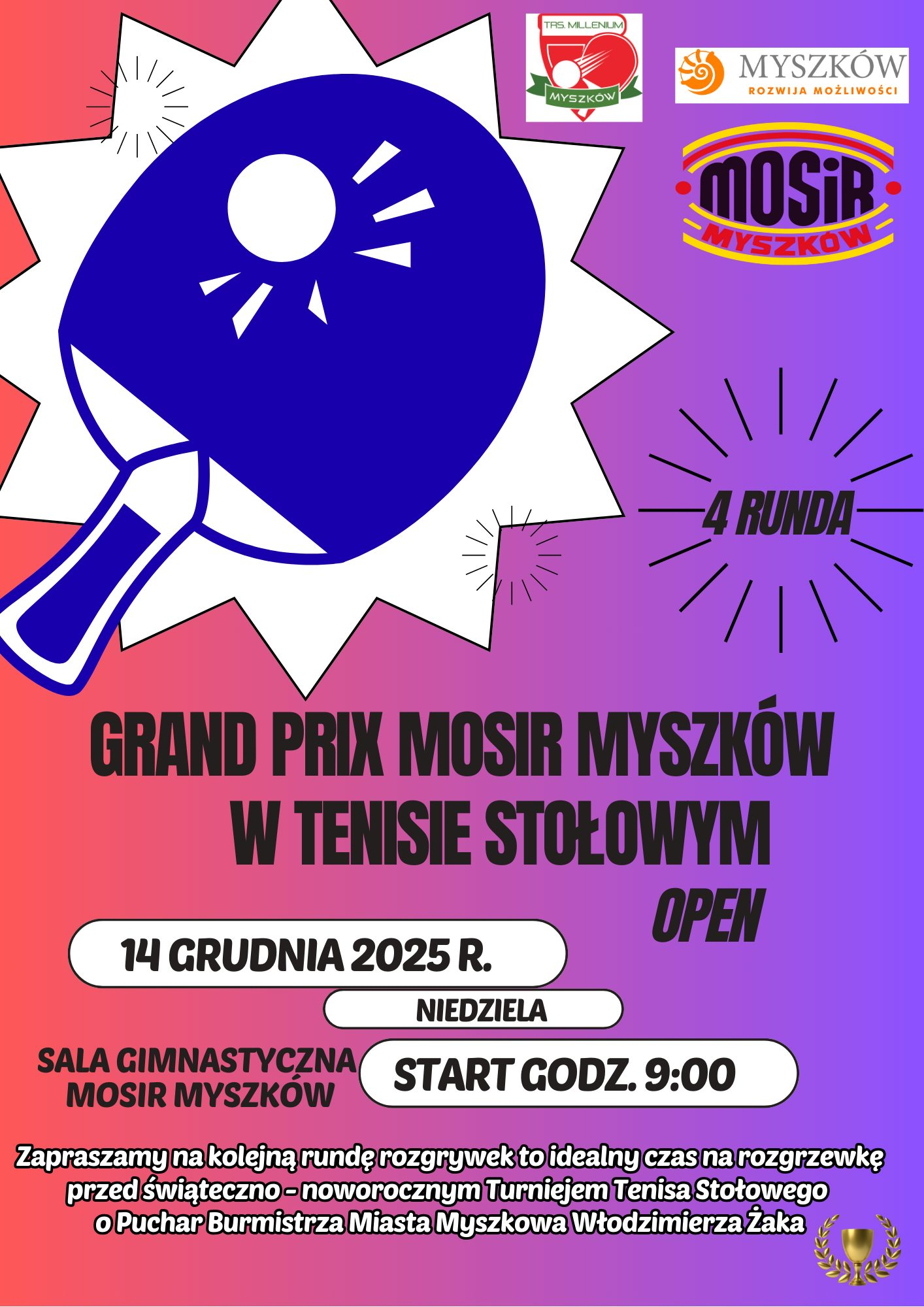 Plakat turnieju GRAND PRIX MOSiR MYSZKÓW – TENIS STOŁOWY (4. RUNDA) (14 grudnia 2025)