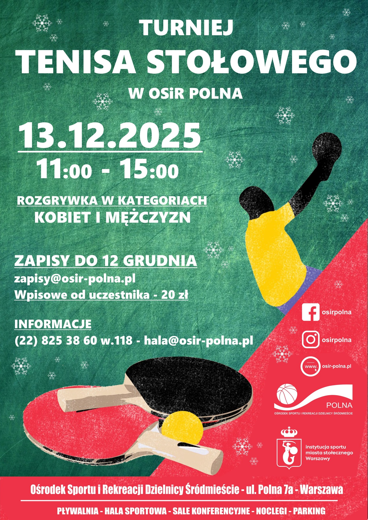 Plakat turnieju Mikołajkowy Turniej Tenisa Stołowego w OSiR Polna (13 grudnia 2025)