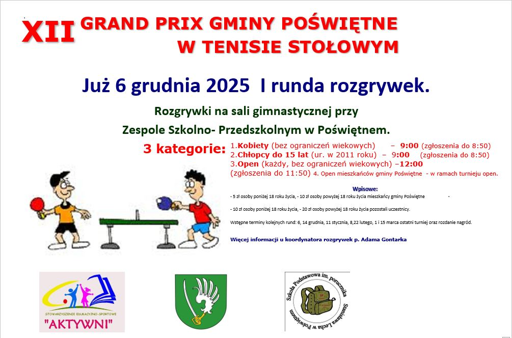 Plakat turnieju XII GRAND PRIX GMINY POŚWIĘTNE W TENISIE STOŁOWYM (6 grudnia 2025)