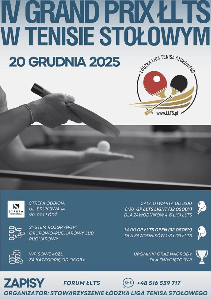 Plakat turnieju GRAND PRIX' LTS W TENISIE STOŁOWYM (20 grudnia 2025)