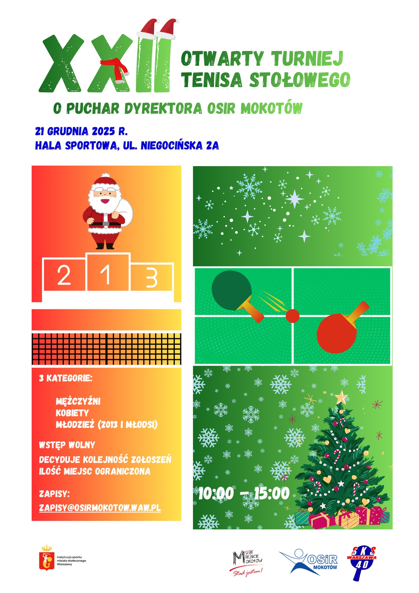 Plakat turnieju XXII Otwarty Turniej Tenisa Stołowego o Puchar Dyrektora OSiR Mokotów (21 grudnia 2025)