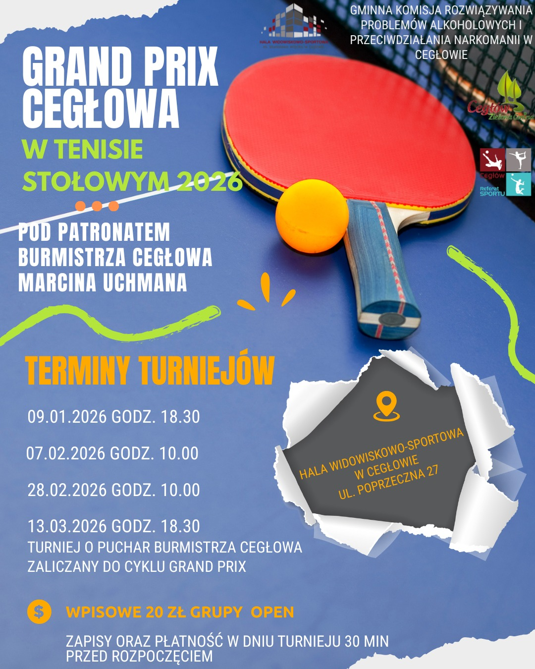 Plakat turnieju GRAND PRIX Cegłowie 2026 w tenisie stołowym pod patronatem Burmistrza Marcin Uchmana