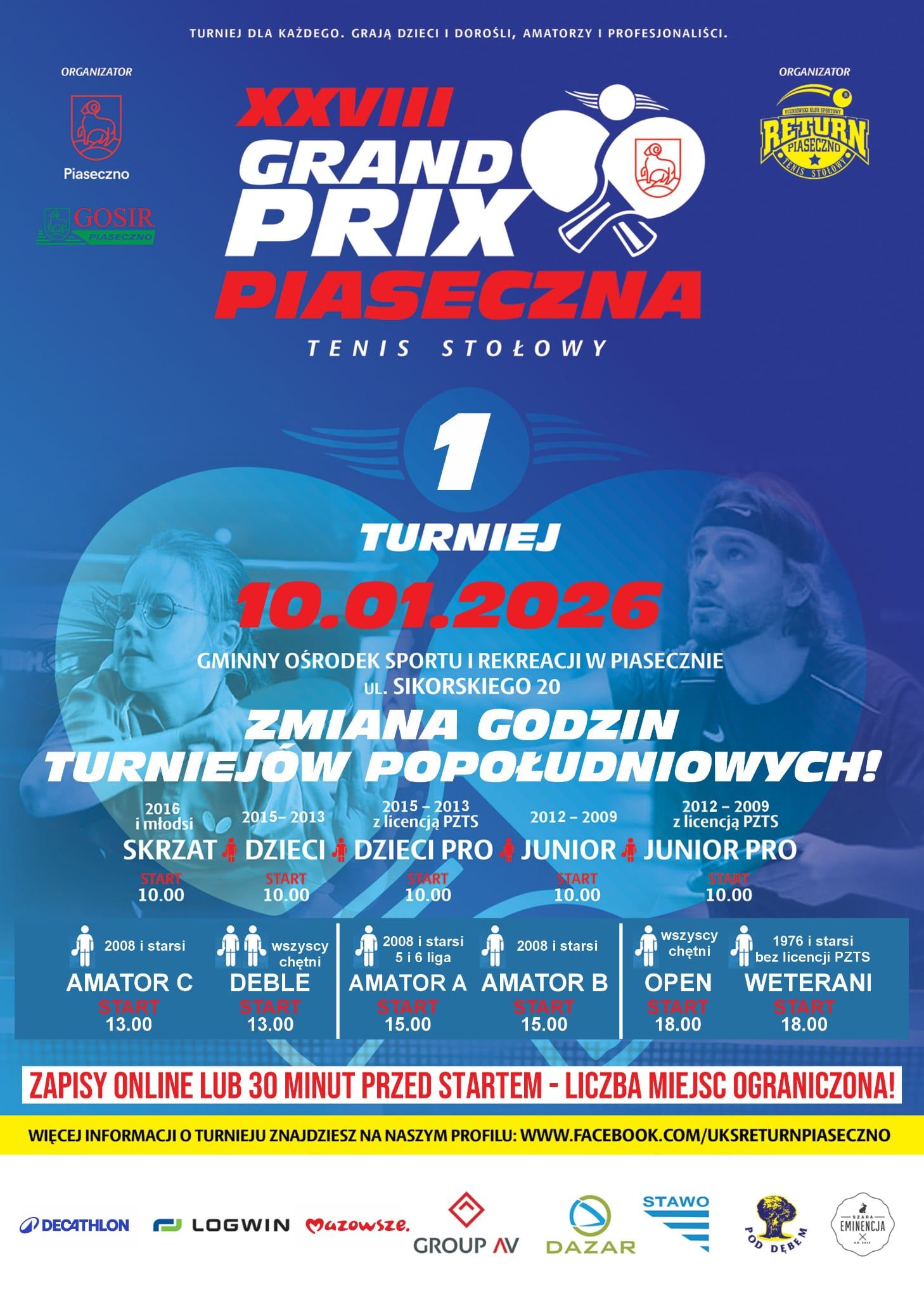 Plakat turnieju Grand Prix Piaseczna w tenisie stołowym (10 stycznia 2026)