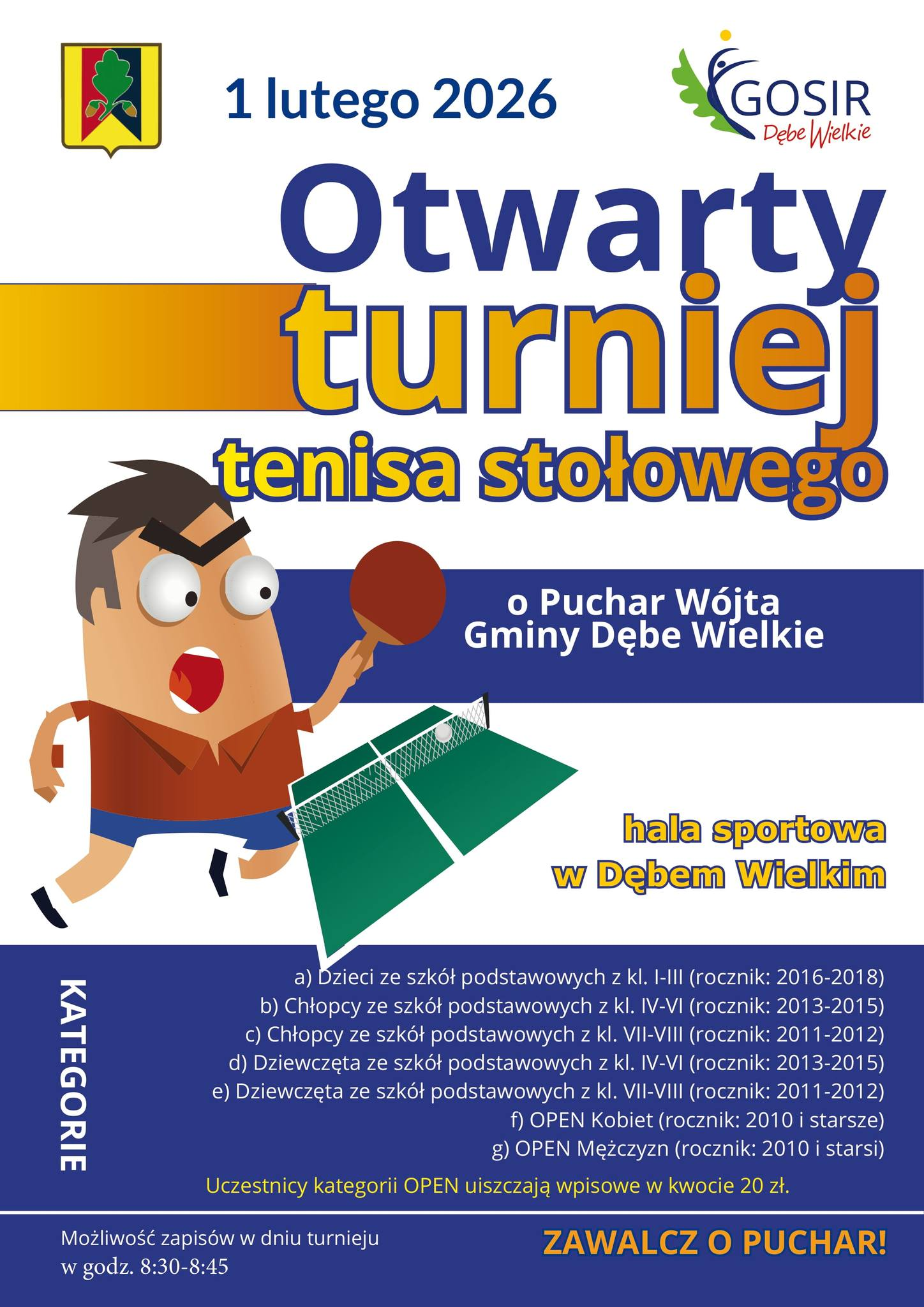 Plakat turnieju Otwarty turniej tenisa stołowego o Puchar Wójta Gminy Dębe Wielkie (1 lutego 2026)