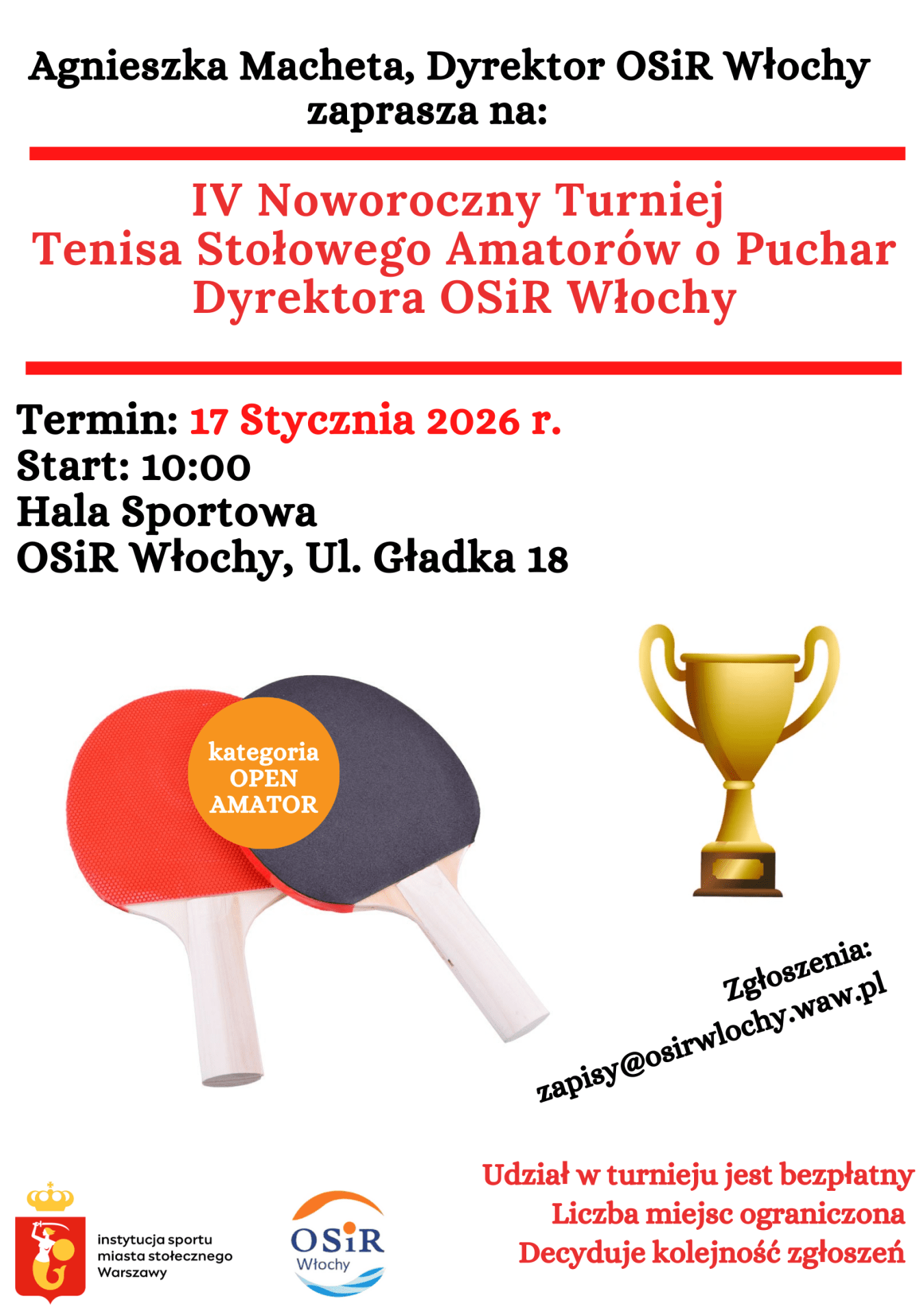 Plakat turnieju IV Noworoczny Turniej Tenisa Stołowego Amatorów O Puchar Dyrektora OSiR Włochy (17 stycznia 2026)