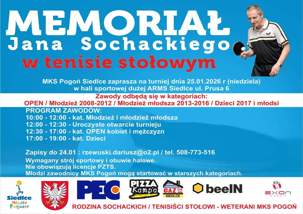 Plakat turnieju Memorial Jana Sochackiego w tenisie stołowym (25 stycznia 2026)