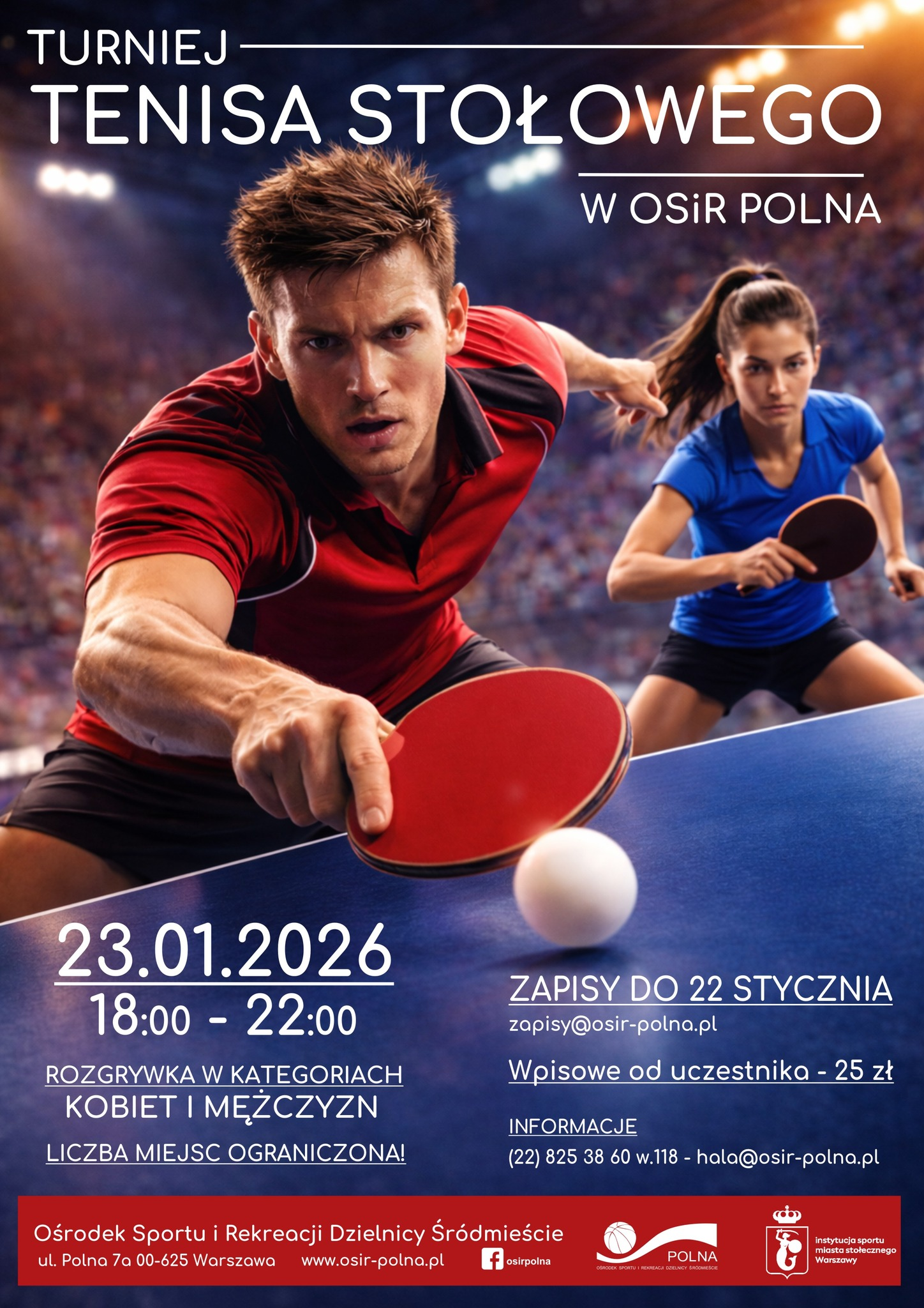 Plakat turnieju Turniej tenisa stołowego w OSiR Polna (23 stycznia 2026)