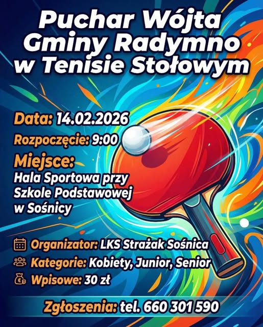 Plakat turnieju Puchar Wójta Gminy Radymno W Tenisie Stołowym (14 lutego 2026)