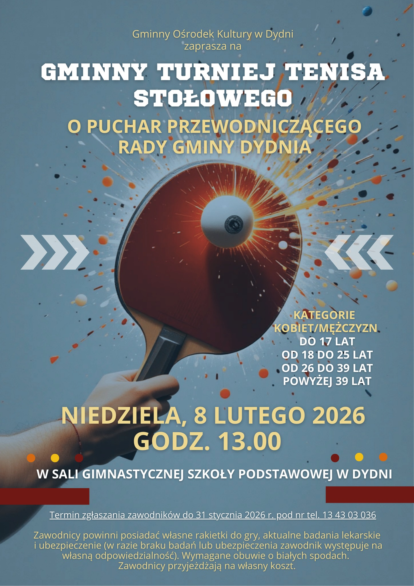 Plakat turnieju Gminny Turniej Tenisa Stołowego o Puchar Przewodniczącego Rady Gminy Dydnia (8 lutego 2026)
