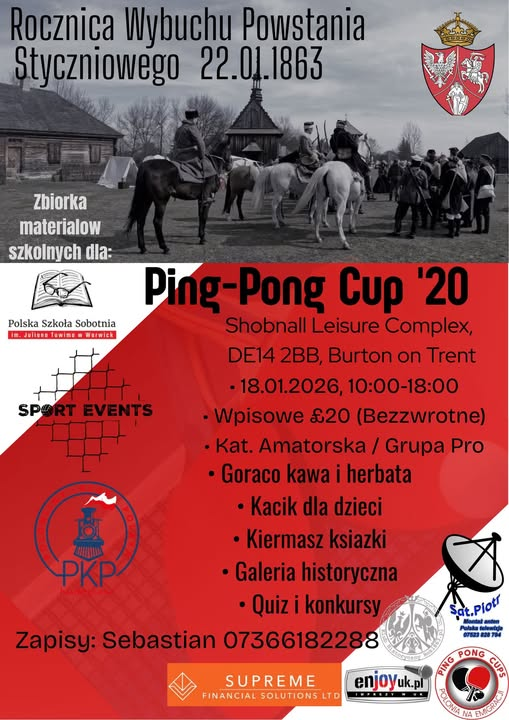 Plakat turnieju Ping-Pong Cup 20 Polska Szkola Sobotnia (18 stycznia 2026)