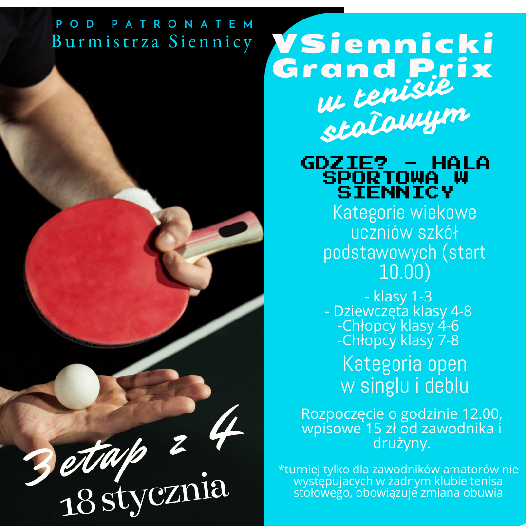 Plakat turnieju Siennicki Grand Prix w tenisie stołowym (18 stycznia 2026)