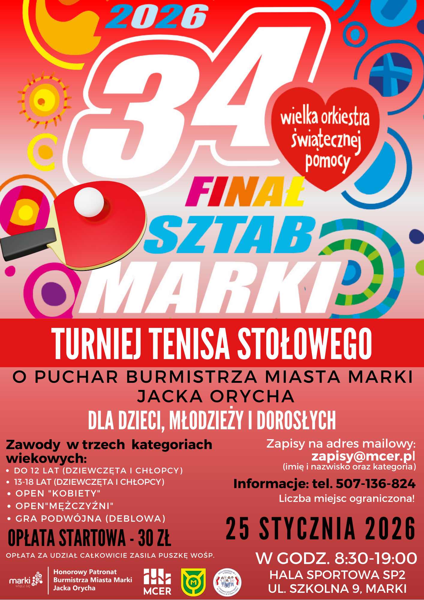 Plakat turnieju V Edycja Turnieju Tenisa Stołowego z Okazji 33. Finału WOŚP o Puchar Burmistrza Miasta Marki Jacka Orycha