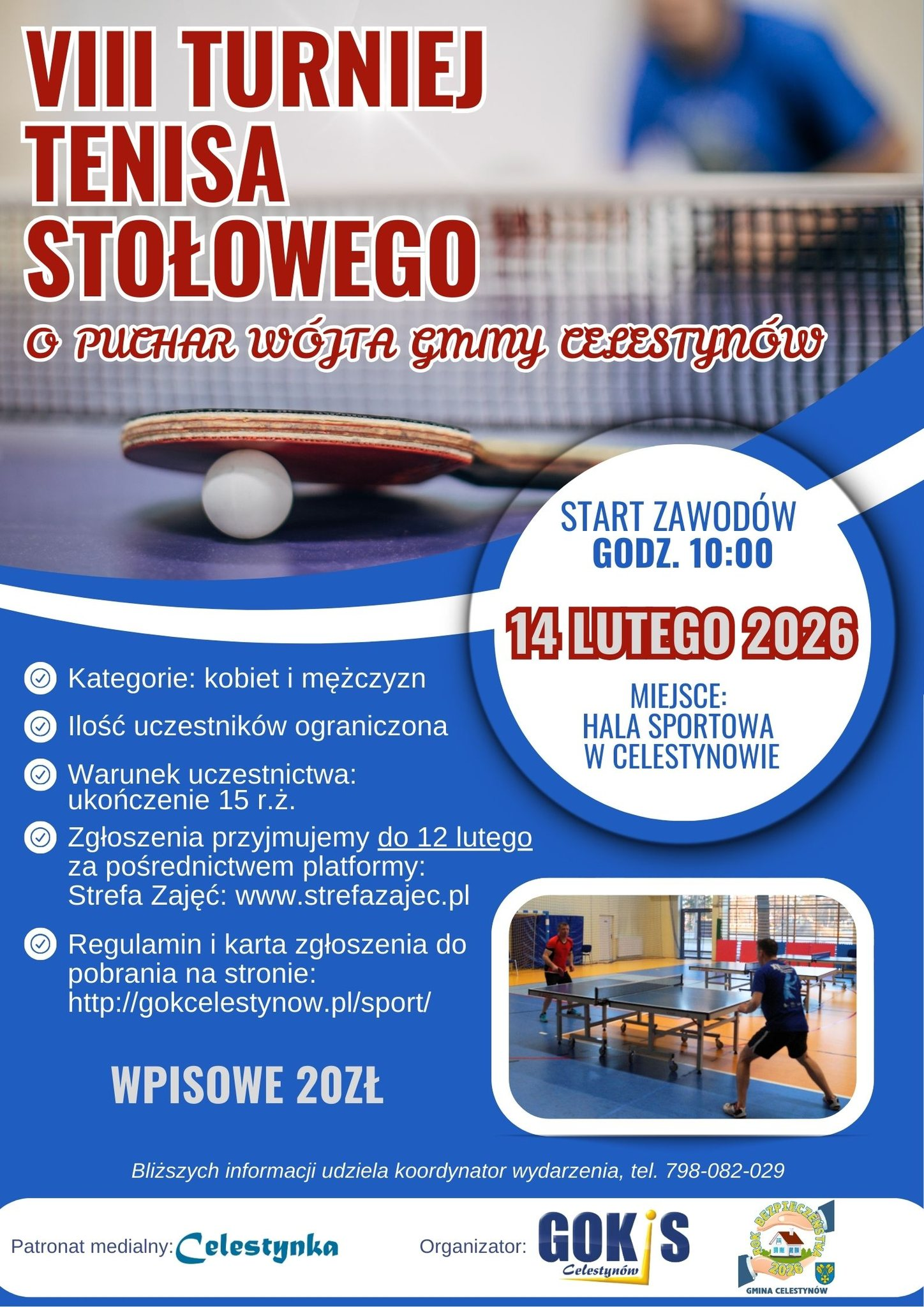 Plakat turnieju VIII Turniej Tenisa Stołowego Puchar Wójta Gminy Celestynów (14 lutego 2026)
