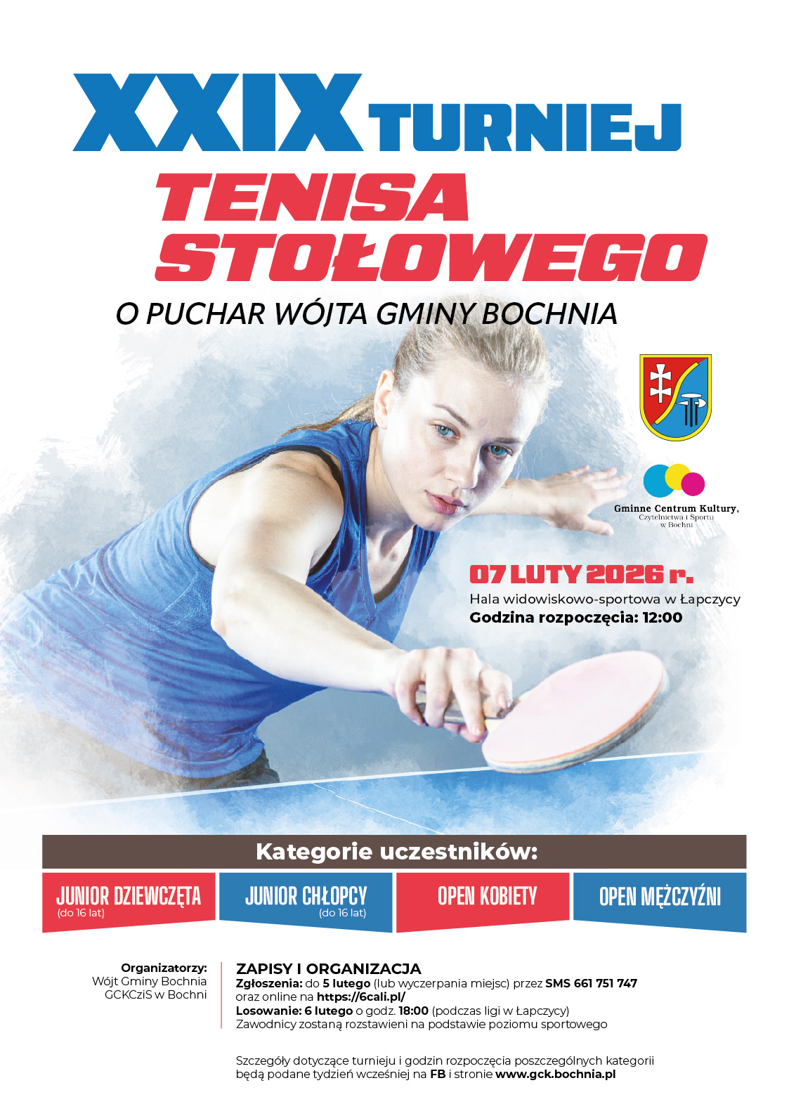 Plakat turnieju Turniej Tenisa Stołowego o Puchar Wójta Gminy Bochnia
