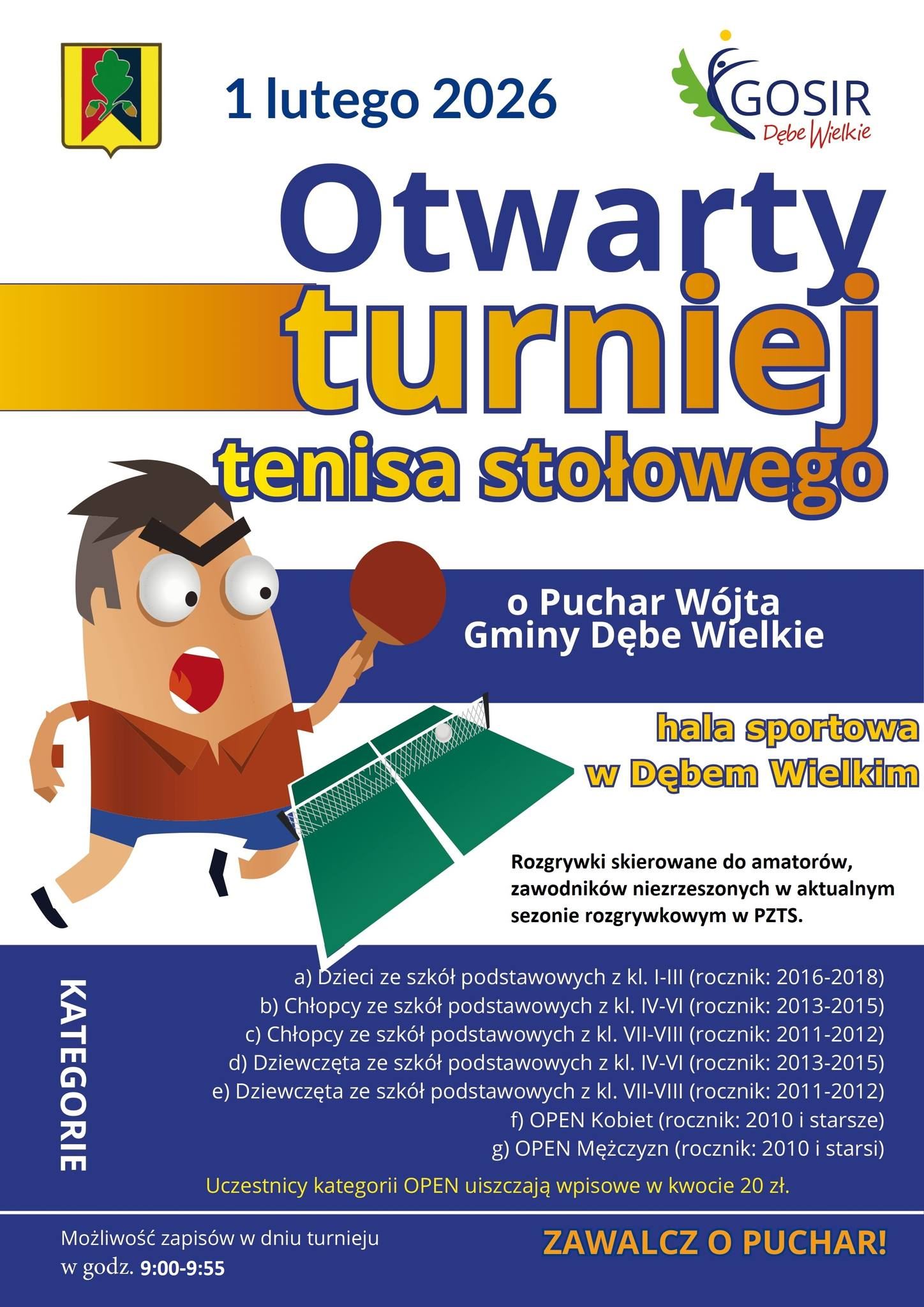 Plakat turnieju Otwarty turniej tenisa stołowego o Puchar Wójta Gminy Dębe Wielkie (1 lutego 2026)