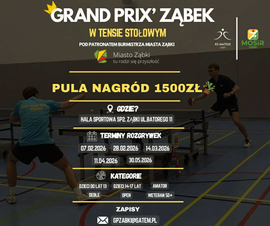 Plakat turnieju GRAND PRIX Ząbek 2025/2026 w Tenisie Stołowym - czwarty turniej