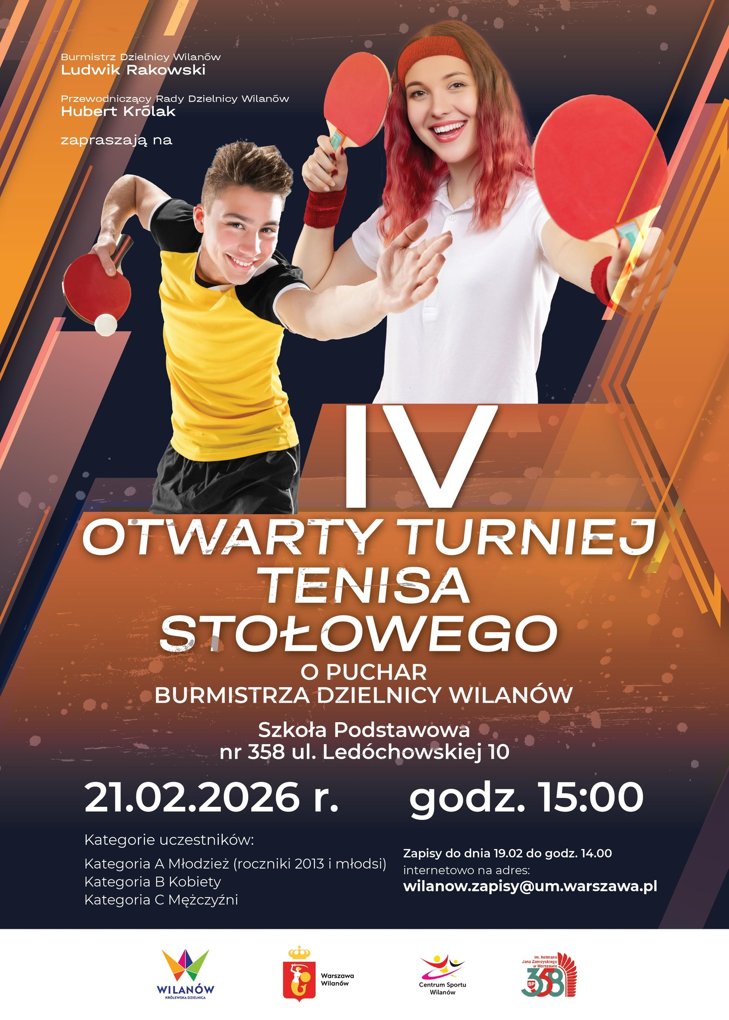 Plakat turnieju IV Otwarty Turniej Tenisa Stołowego o Puchar Burmistrza Dzielnicy Wilanów (21 lutego 2026)