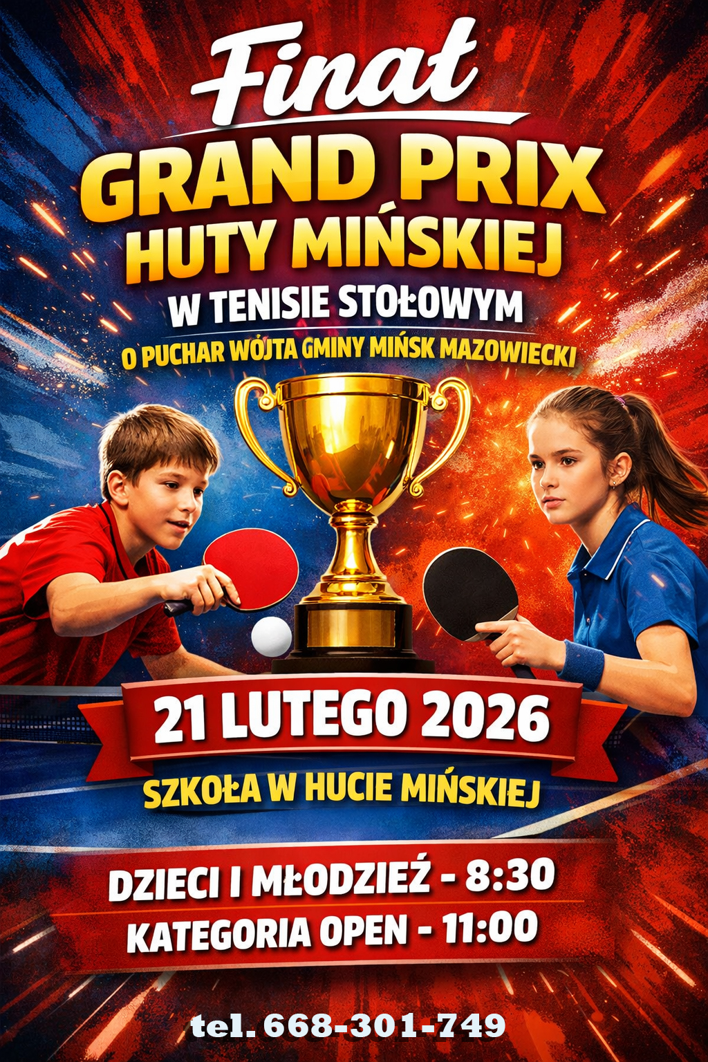Plakat turnieju Finał Grand Prix Huty Mińskiej w Tenisie stołowym o puchar Wójta Gminy Mińsk Mazowiecki