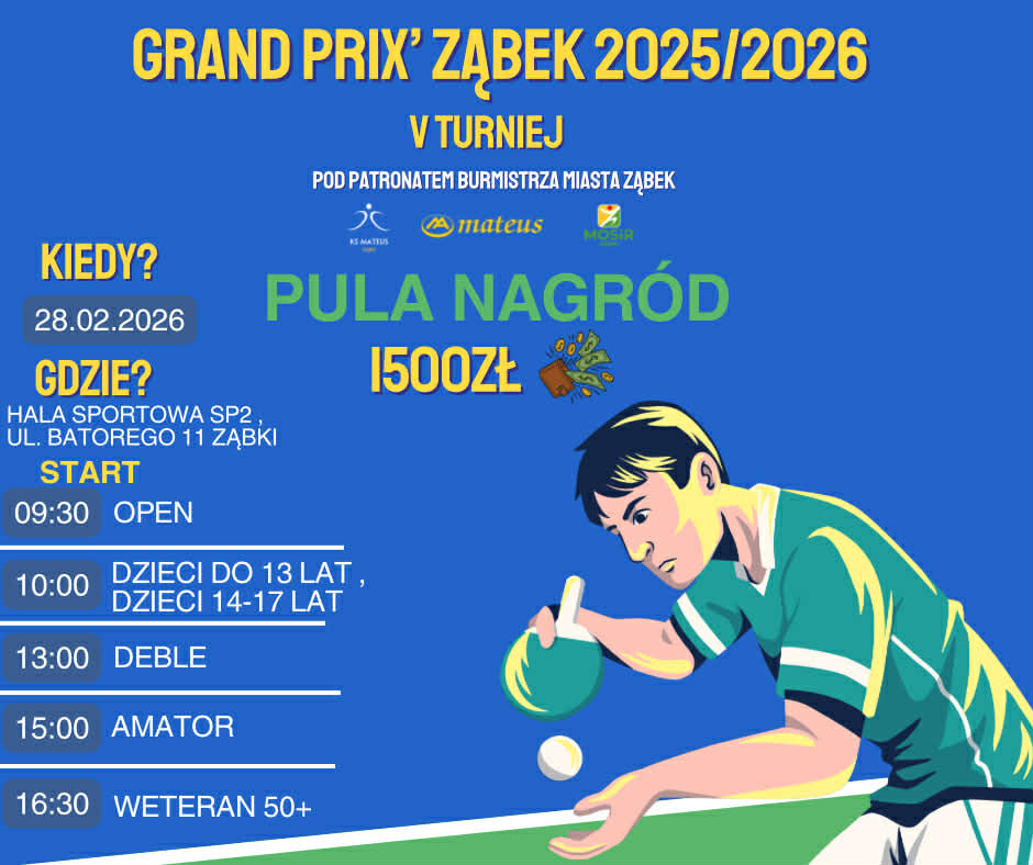 Plakat turnieju GRAND PRIX Ząbek 2025/2026 w Tenisie Stołowym - piąty turniej