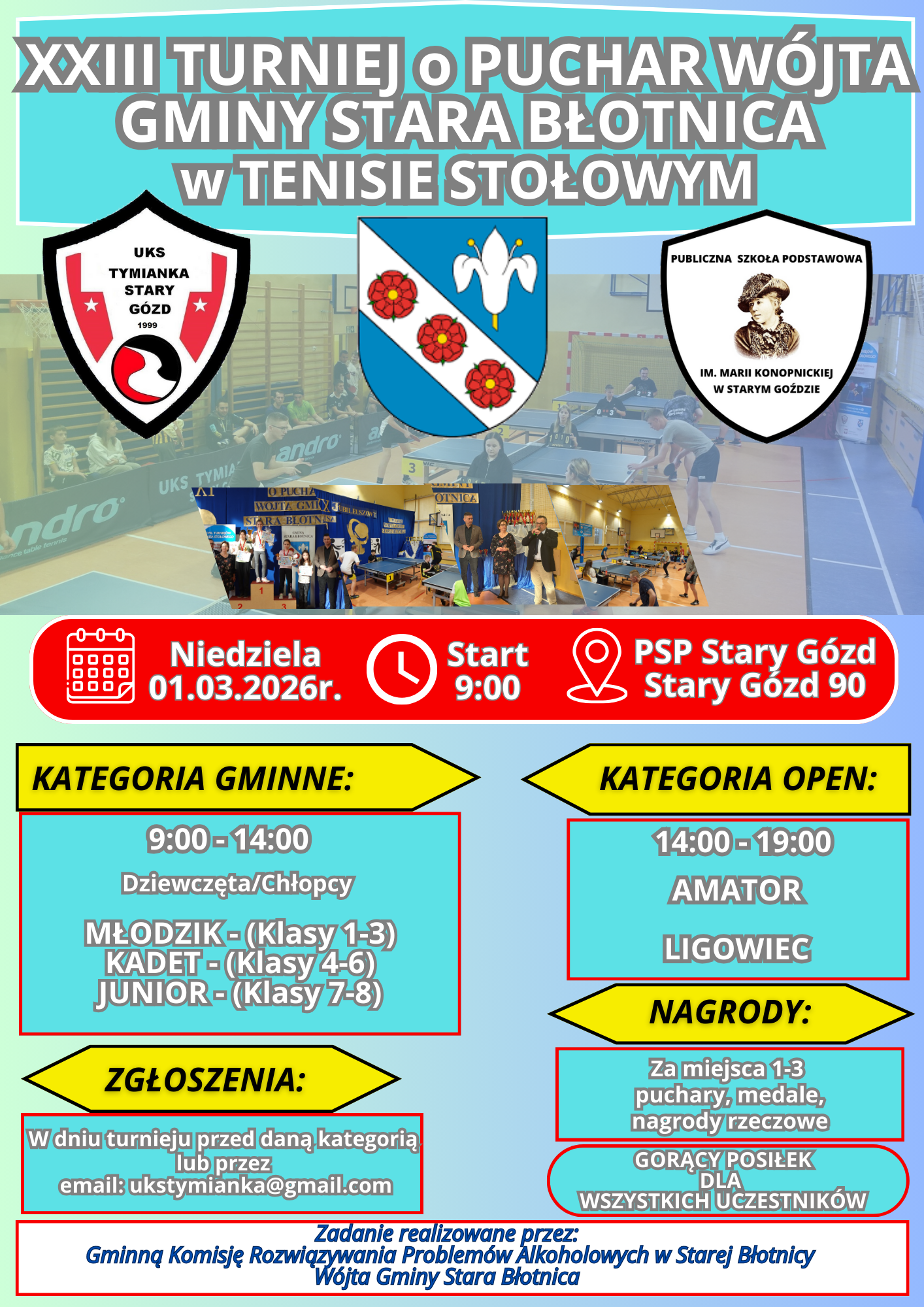 Plakat turnieju XXIII Turniej o Puchar Wójta Gminy Stara Błotnica w  Tenisie Stołowym