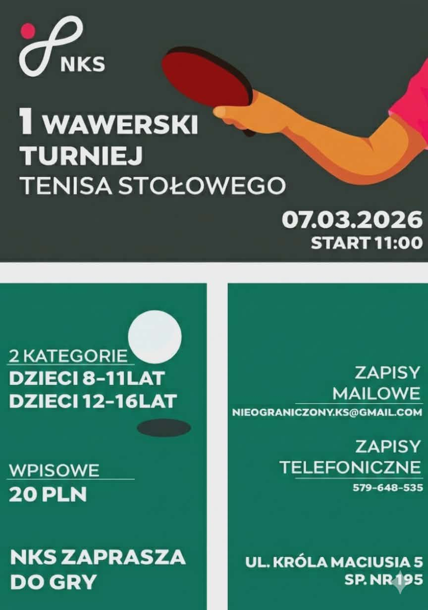 Plakat turnieju I Wawerski Turniej Tenisa Stołowego (07 marca 2026)