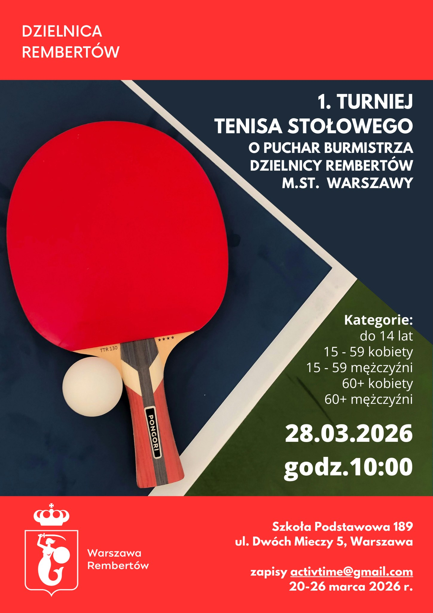 Plakat turnieju Turniej Tenisa Stołowego o Puchar Burmistrza Dzielnicy Rembertów m.st. Warszawy (28 marca 2026)