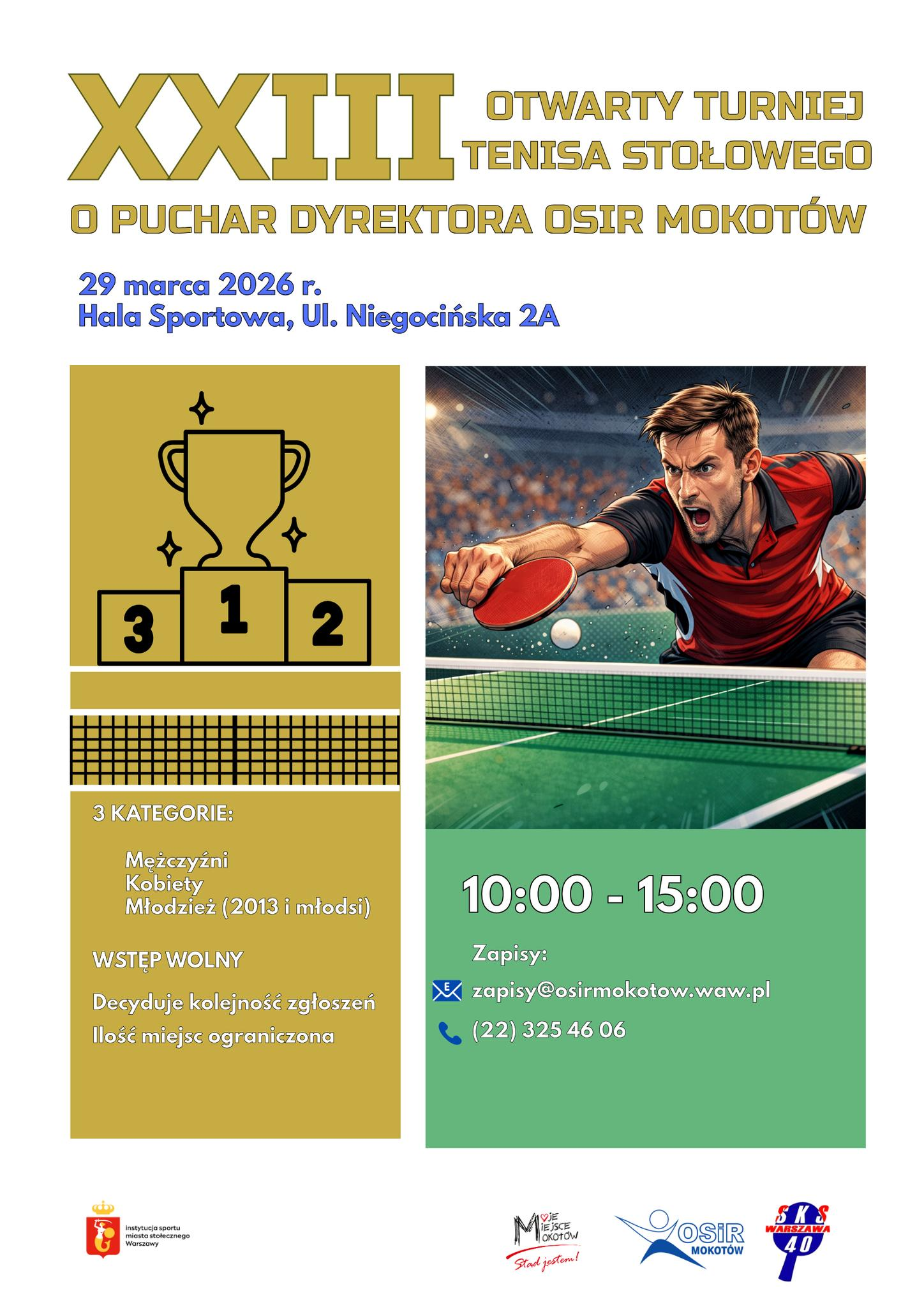 Plakat turnieju XXIII Otwarty Turniej Tenisa Stołowego o Puchar Dyrektora OSiR Mokotów (29 marca 2026)